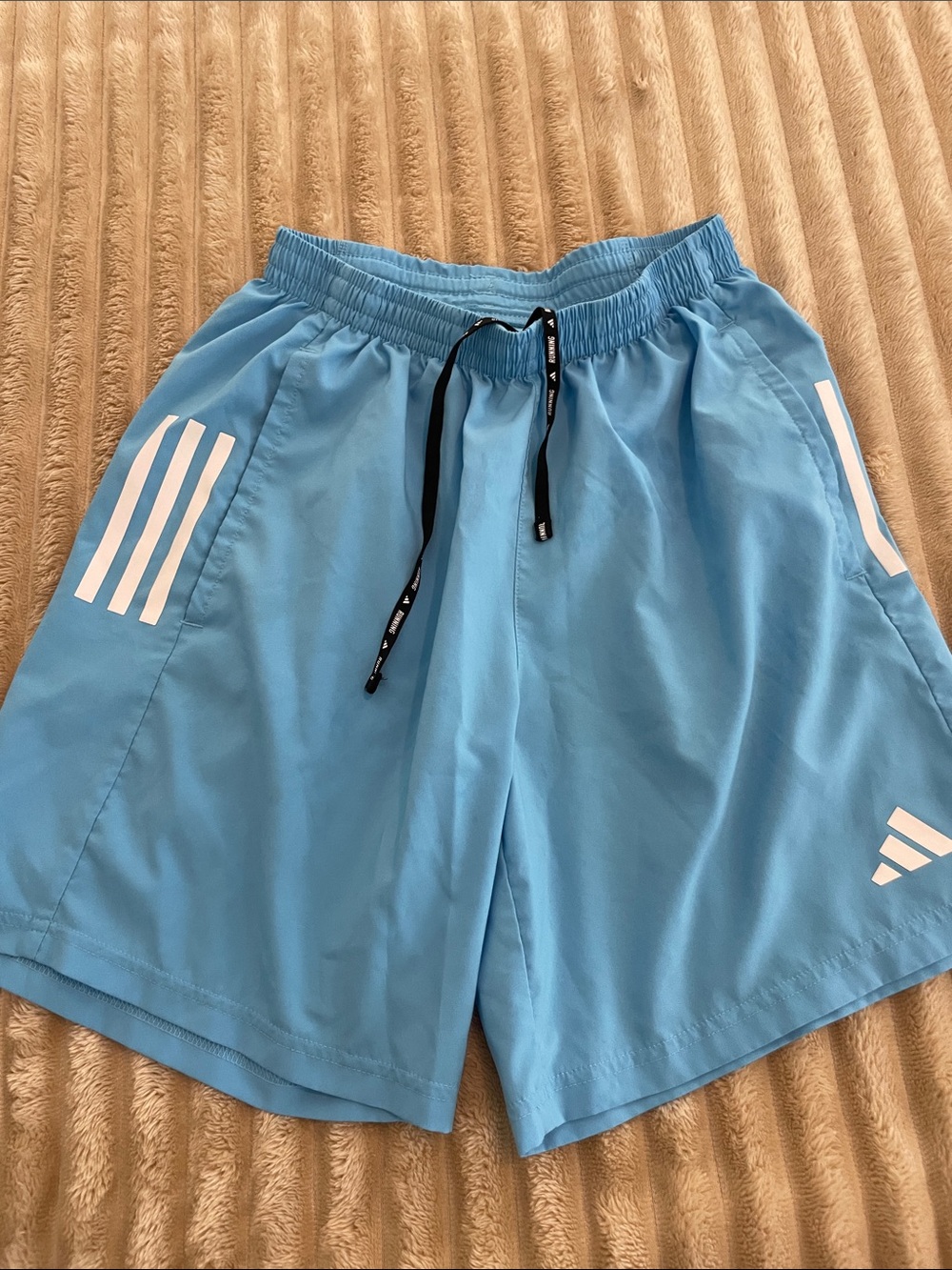 adidas Light Blue Athletic Shorts with White Stripes